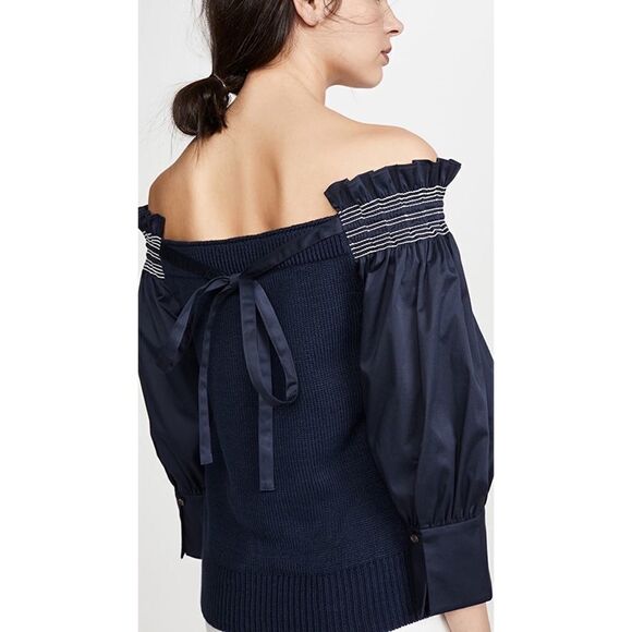 Adeam Womens Off Shoulder Smocking Sweater Navy Blue Cotton Size Extra Small - Picture 3 of 13
